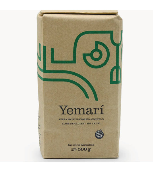 Paquete de Yerba Mate Agroecológica Yemarí 500g con sello de estacionamiento natural 2 años
