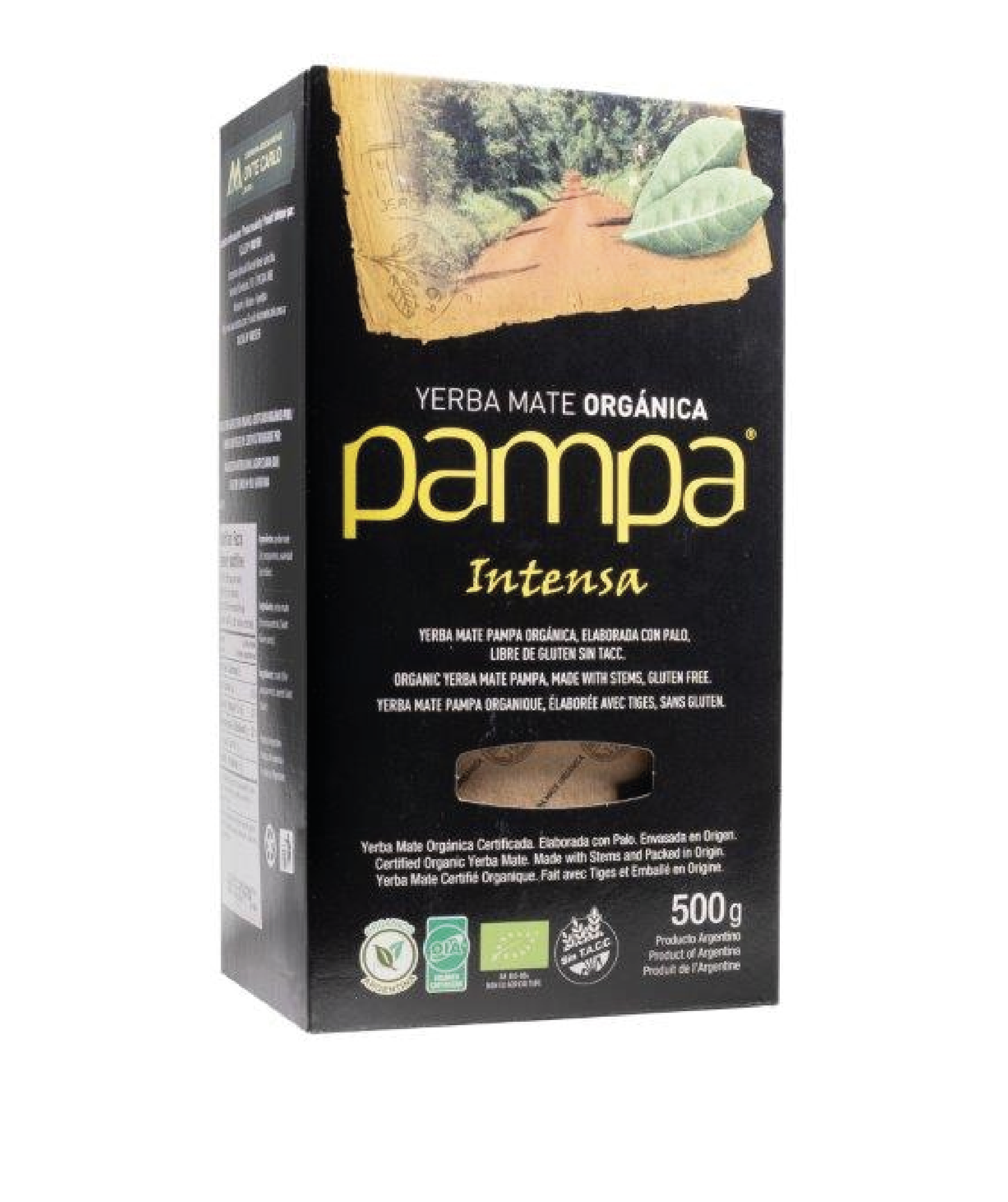 Paquete de Yerba Mate Orgánica Pampa Intensa de 500 gramos, producto auténtico para comprar en España.
