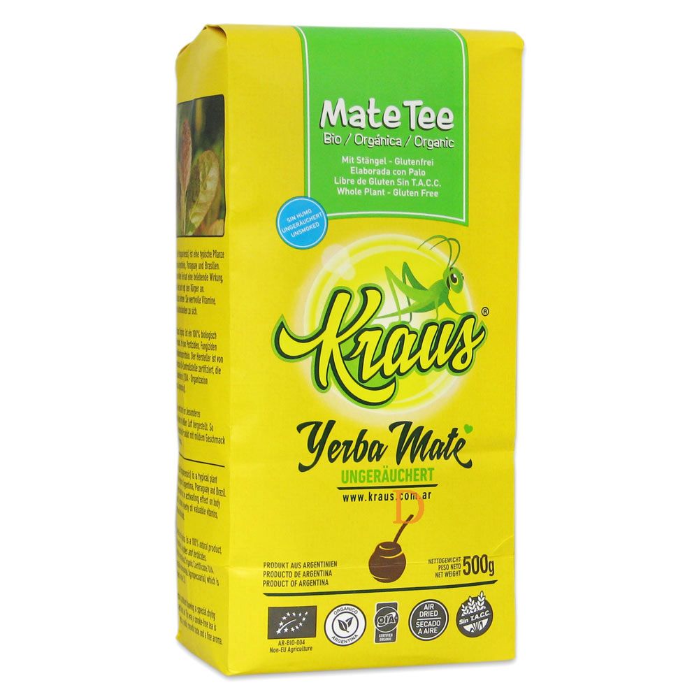 Paquete de Yerba Mate Orgánica Kraus de 500g, envase ecológico verde con sello de certificación orgánica.