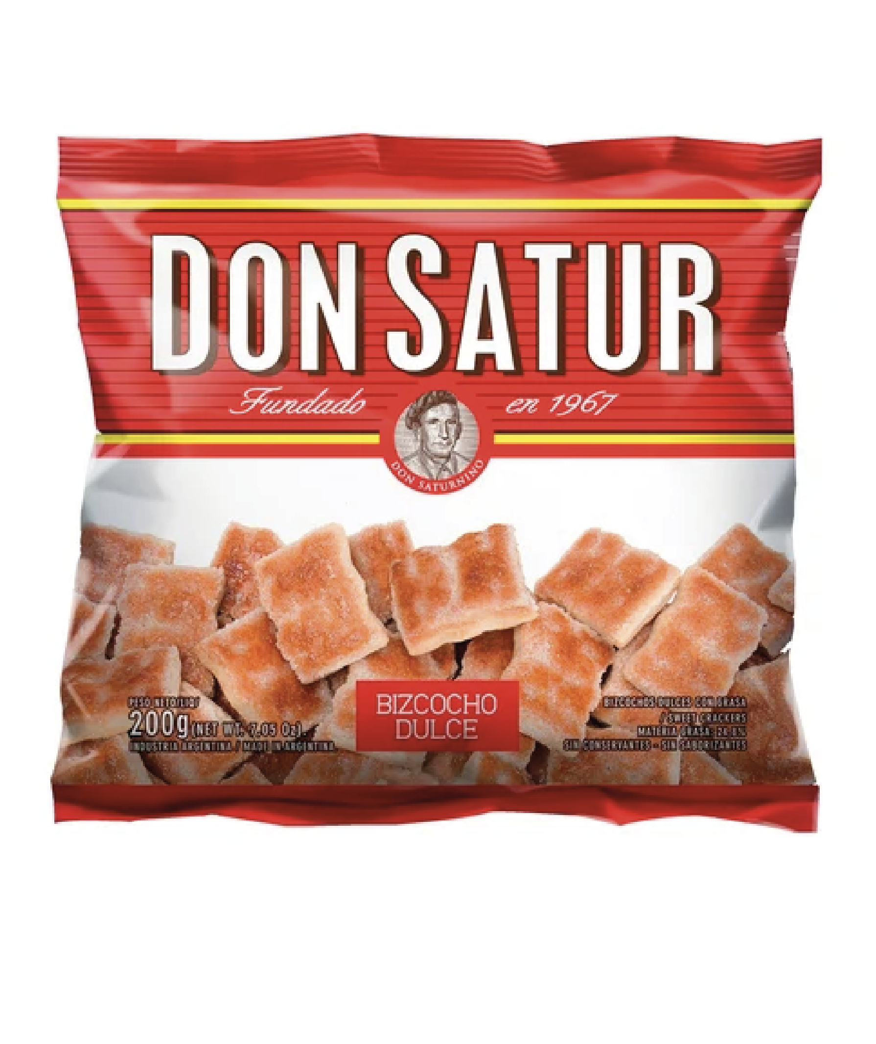 Paquete de Bizcochos Don Satur Dulces 200g junto a un mate tradicional en una mesa en Barcelona.