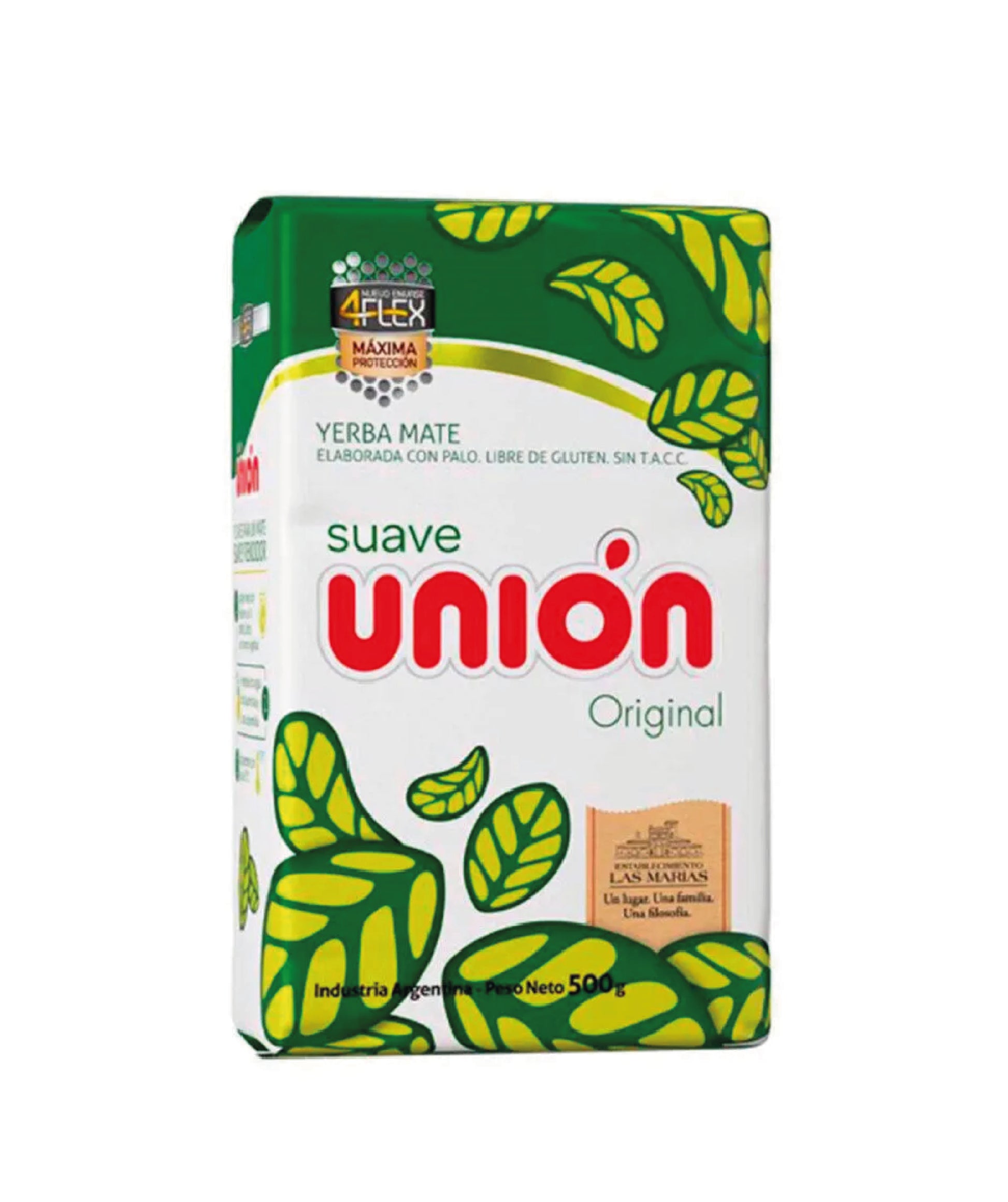 Paquete de Yerba Mate Unión 500g sabor suave con palo, original de Argentina disponible en España.