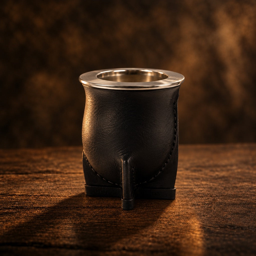 Mate Camionero de calabaza con cuero negro y virola de acero inoxidable - Jardín del Mate