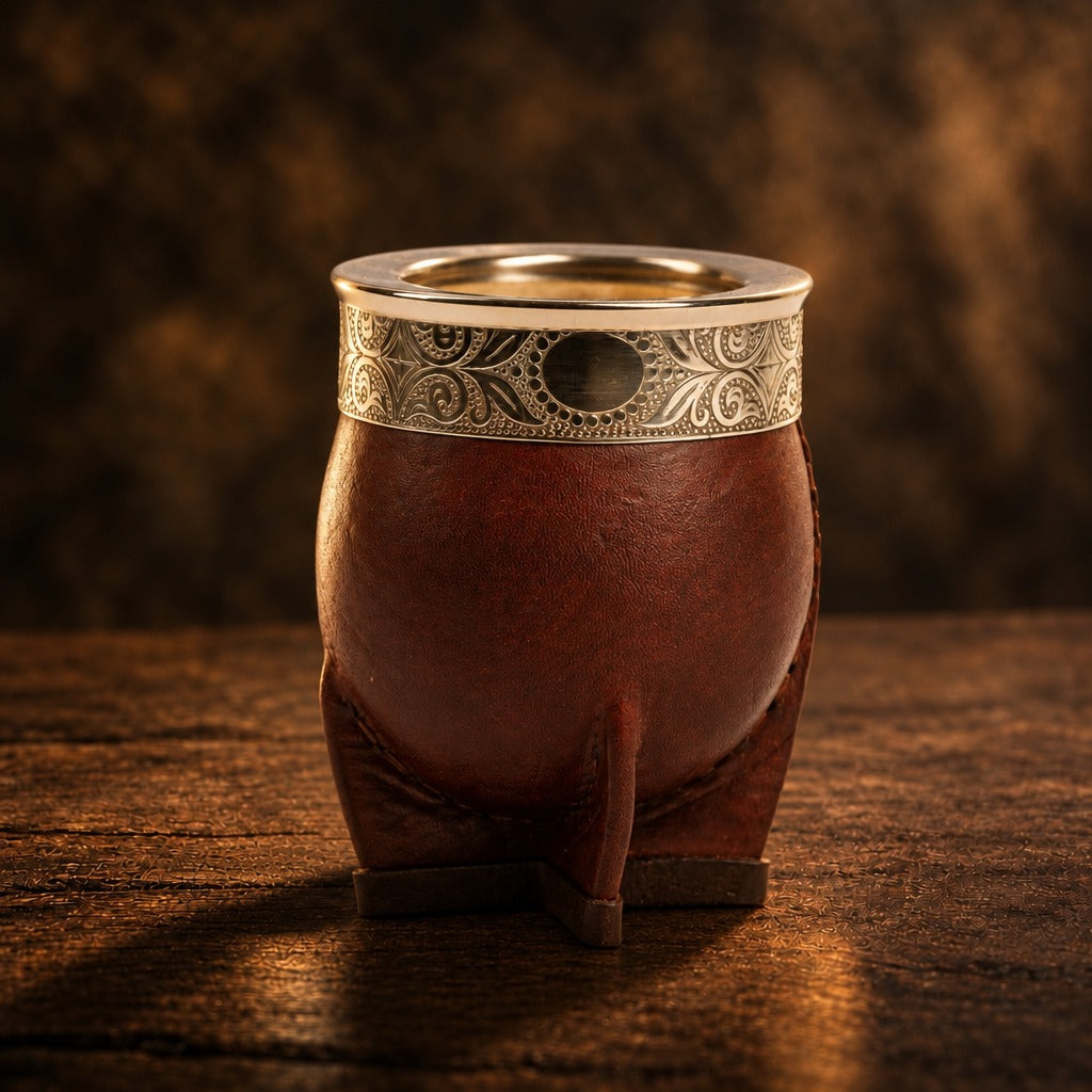 Mate Imperial de calabaza con cuero marrón y virola de alpaca cincelada - Jardín del Mate