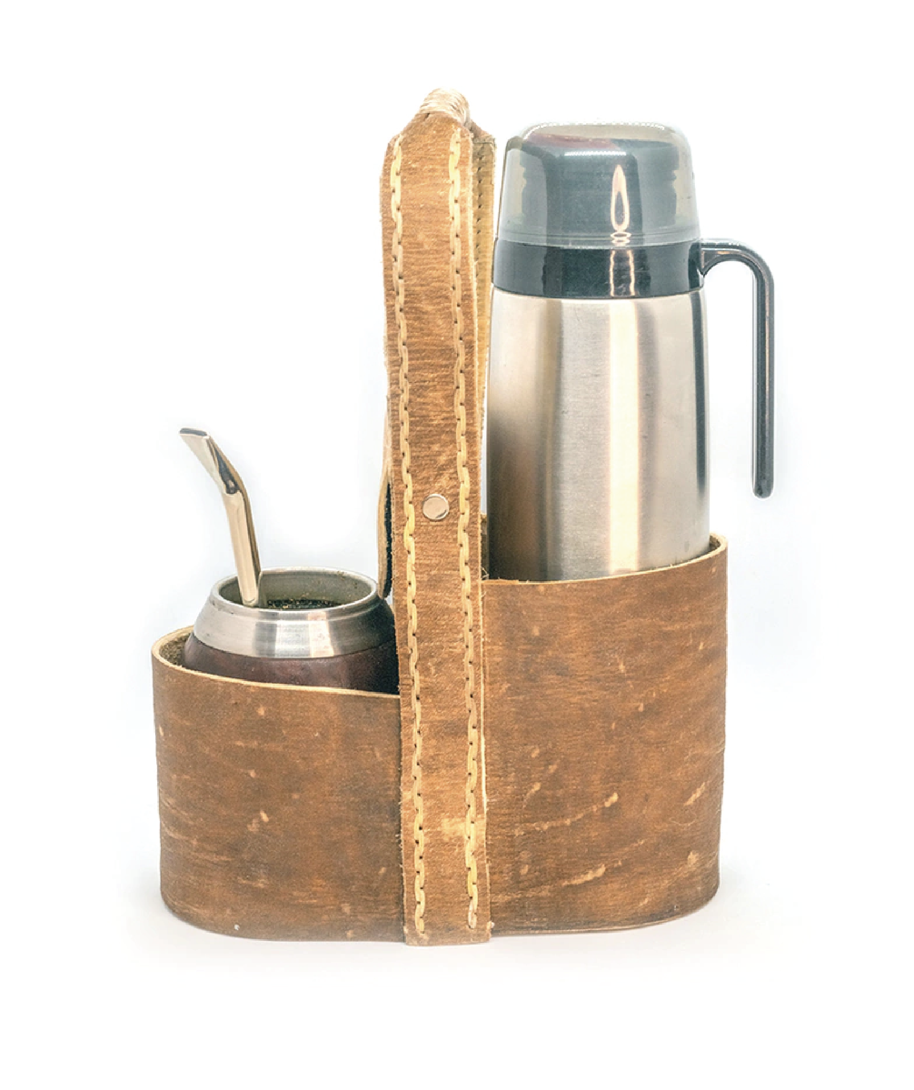 Matera canasta de cuero crudo artesanal porta termo fabricada a mano para kit de mate