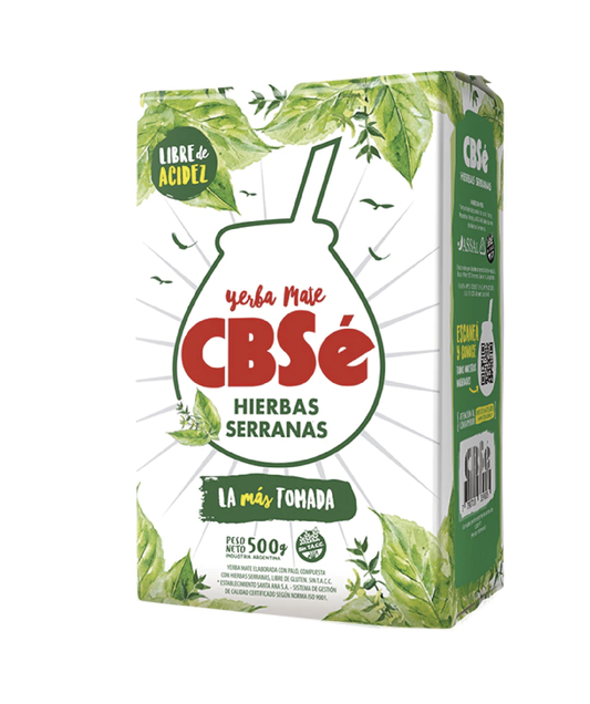 Paquete de Yerba Mate CBSé Hierbas Serranas 500g con menta y peperina en Jardín del Mate Barcelona.