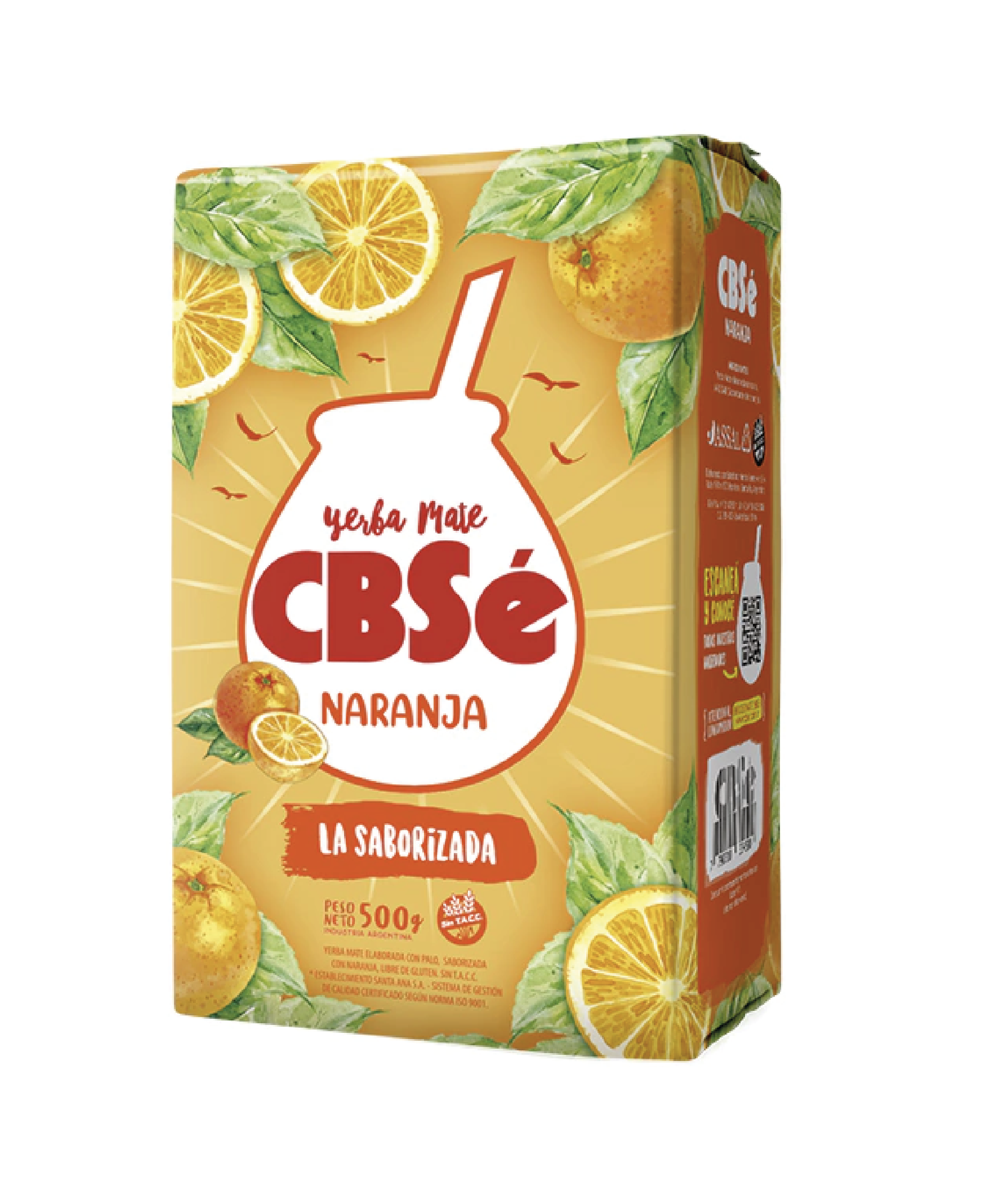 Paquete de Yerba Mate CBSé Naranja 500g frente a un mate tradicional en Jardín del Mate Barcelona