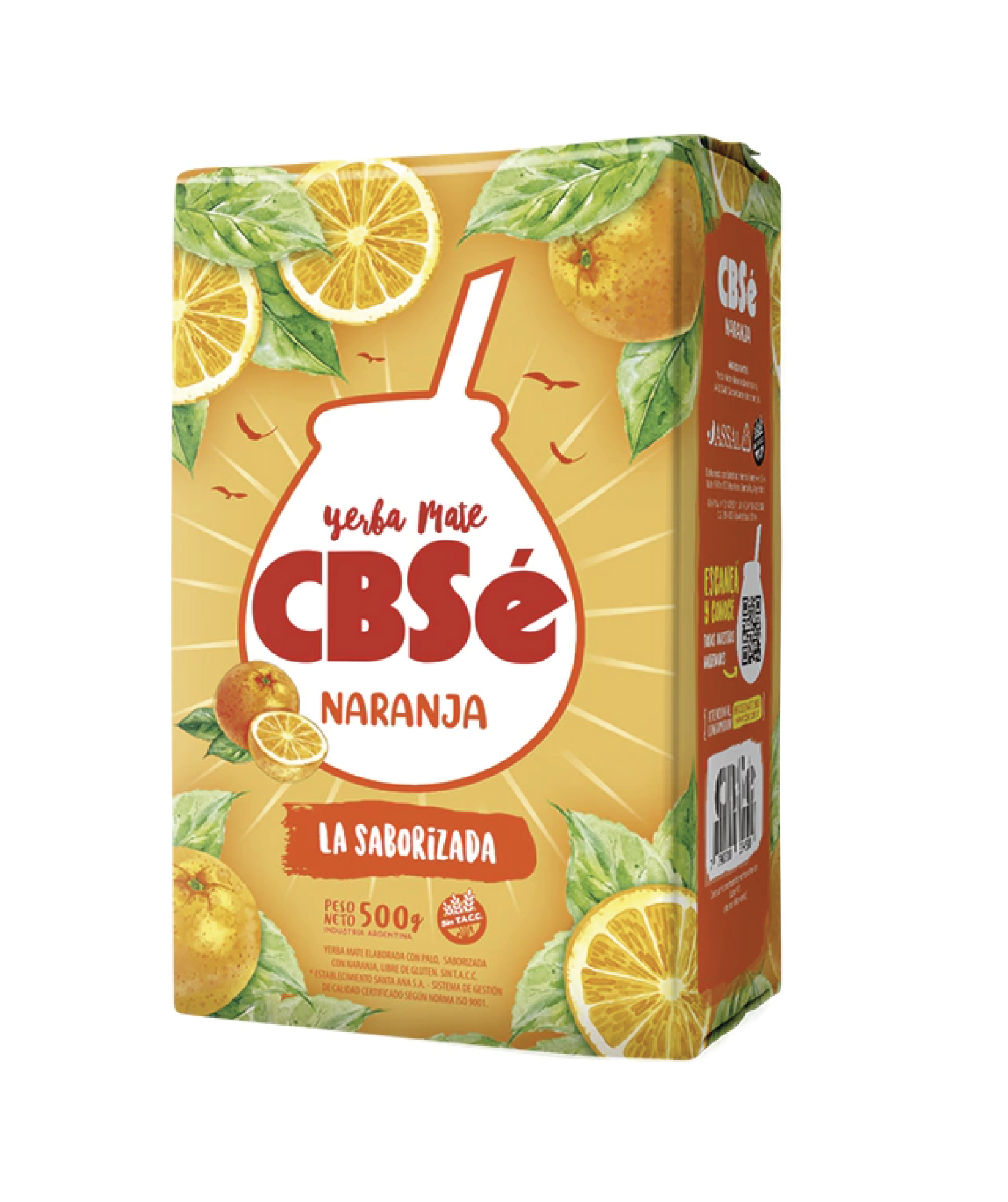 Paquete de Yerba Mate CBSé Naranja 500g frente a un mate tradicional en Jardín del Mate Barcelona
