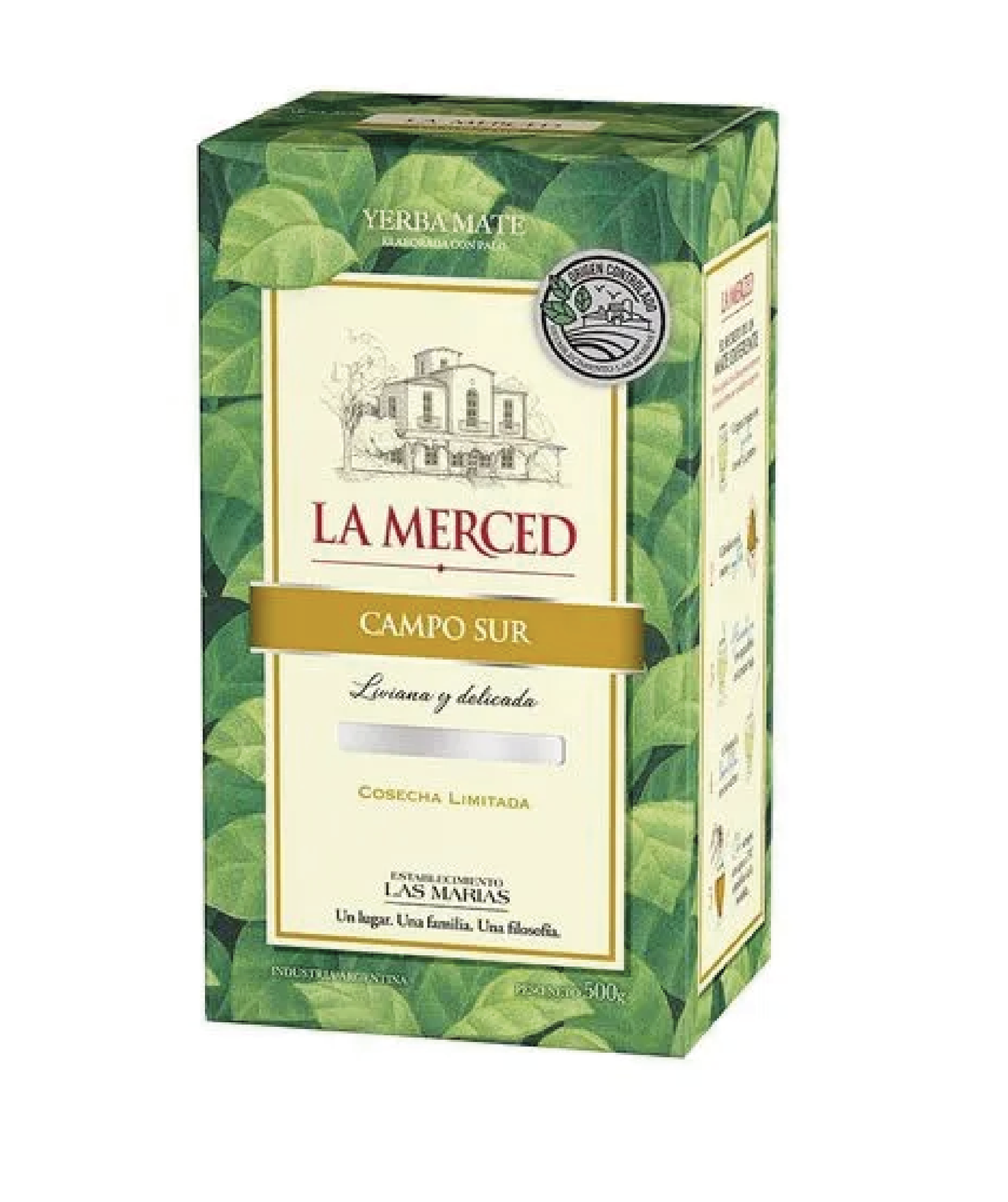 Paquete de Yerba Mate La Merced Campo Sur de 500g, sabor suave y equilibrado, stock en España.