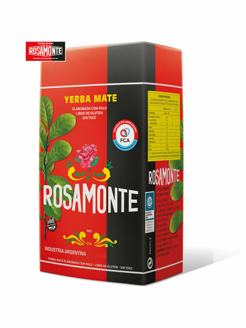 Paquete de Yerba Mate Rosamonte 500g con palo, sabor tradicional argentino disponible en España.