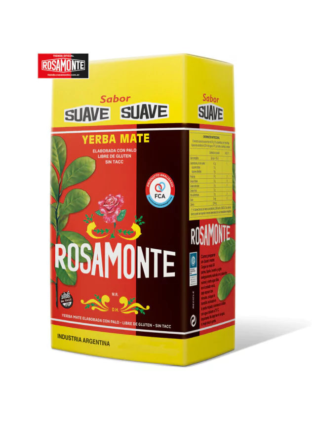 Paquete de Yerba Mate Rosamonte Suave 1 kg sobre fondo rústico - Jardín del Mate España