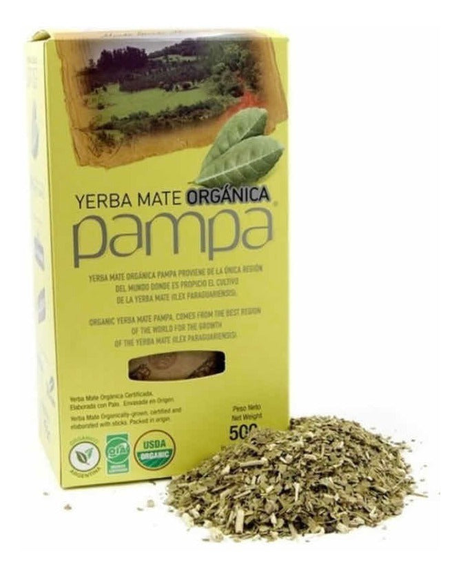 Paquete de Yerba Mate Orgánica Pampa 500 gramos con certificación ecológica sobre fondo neutro.