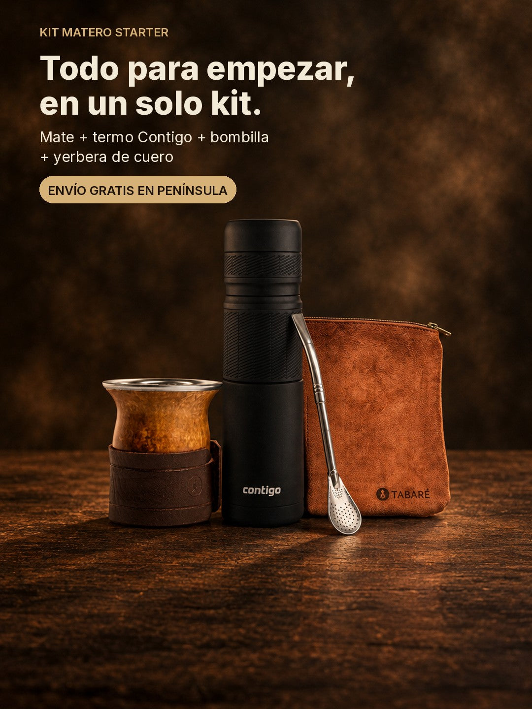 Todo para empezar, en un solo kit: Kit Matero Starter con mate, termo Contigo, bombilla y yerbera de cuero